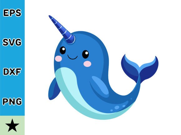 Cute Cartoon Narwhal with Unicorn Horn