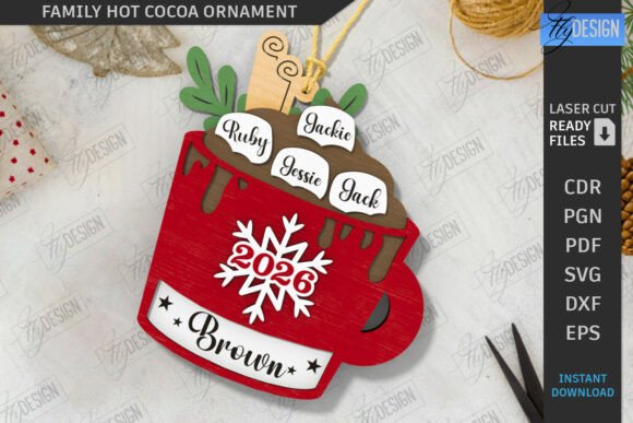Family Hot Cocoa Mug Ornament Laser Cut