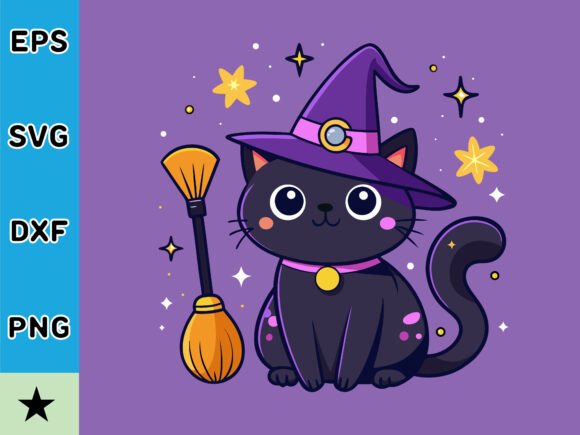 Halloween Cat with Witch Hat and Broom