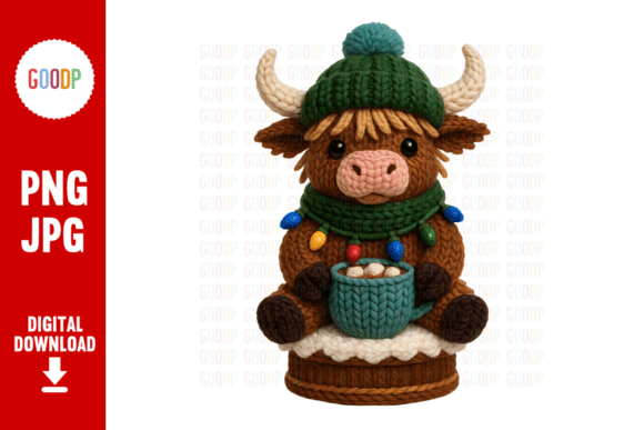 Knit Highland Cow with Cocoa PNG
